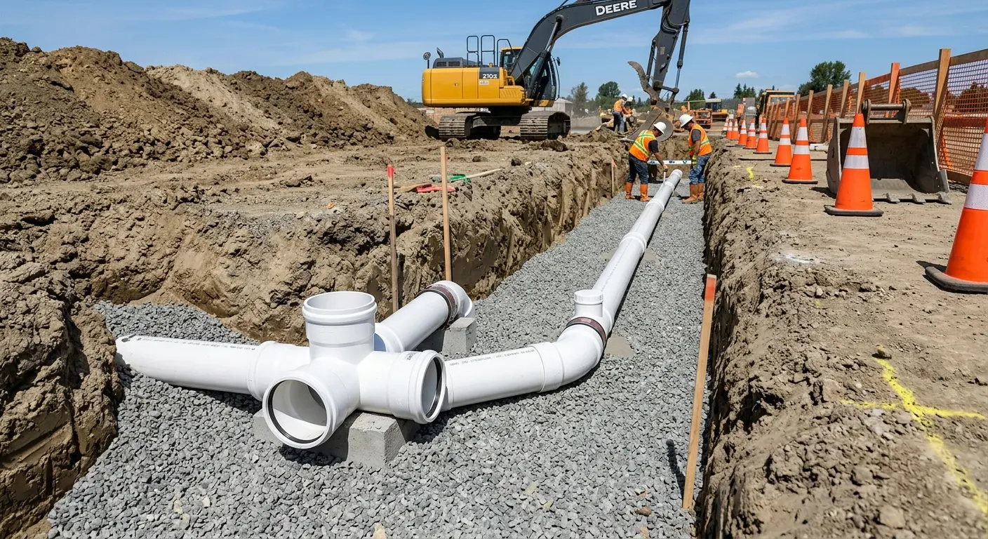 New PVC sewer pipe installation in open trench for Sewer Camera Inspection in Bourbonnais