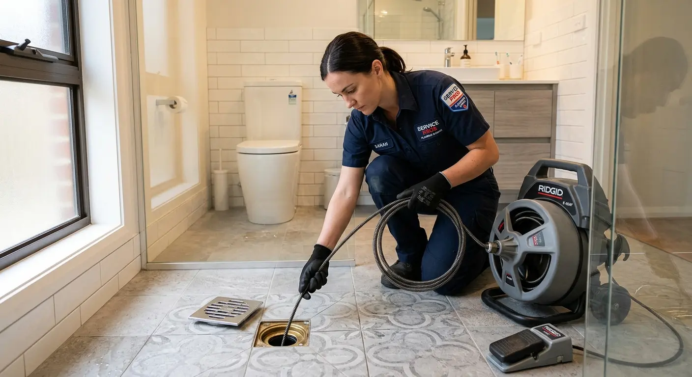 Technician clearing a bathroom floor drain for Sewer Line Installation in Bourbonnais